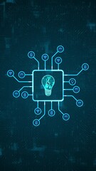 Poster - motion graphic of blue digital lamp logo and futuristic hud technology circuit board with tech icon 