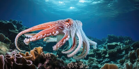 Canvas Print - a beautiful giant squid around very beautiful coral reef AI Generative