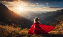 child dreaming of super hero in the mountain
