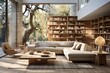 modern minimalist library with light natural materials with modern art on the walls