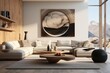 © Fred - modern minimalist living room with light natural materials with modern art on the walls