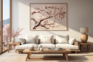 Wall Mural - modern minimalist scandinavian living room with light natural materials with modern art on the walls