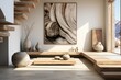 modern minimalist scandinavian entrance hall with light natural materials with modern art on the walls