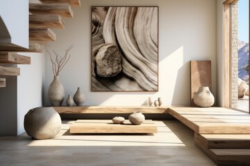 modern minimalist scandinavian entrance hall with light natural materials with modern art on the wal