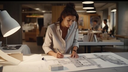 Close up Portrait of a woman at an architectural studio scrutinizing building plans