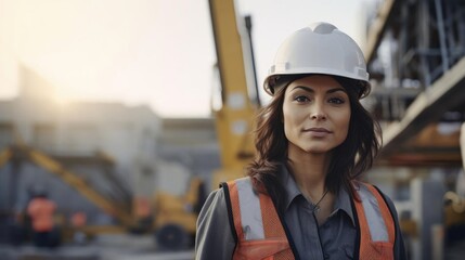 Portrait of a woman construction worker at a bustling construction site operating heavy machinery and coordinating with her team