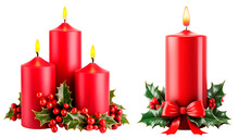 Set Of Burning Christmas Red Candles With Holly Leaves And Berries. Red Candle With Bow And Holly Leaves. Burning Candles Decorated With Red Berries. Isolated On A Transparent Background.