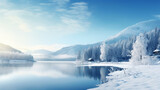 Fototapeta Góry - A breathtaking winter landscape showcasing frozen trees reflected on a tranquil river, epitomizing serene beauty