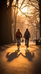 Canvas Print - A couple of people riding bikes down a street. Generative AI.