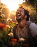 Fototapeta  - A man laughing in a field of flowers. Generative AI.