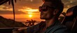 © The 2R Artificiality - Serious young man in sunglasses observing sunset from car With copyspace for text