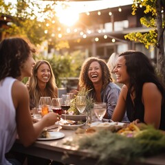 Group of friends sitting at an outside restaurant having lunch on a sunny summer or spring day