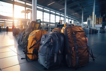 Poster - A group of luggage sitting on top of a tiled floor. Suitable for travel-related designs and concepts.