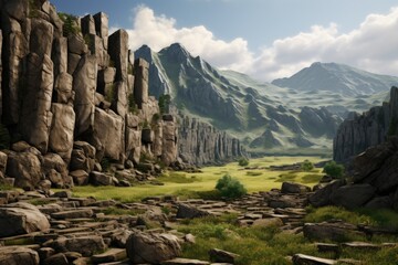 Poster - A scenic view of a mountain range with rocks and lush green grass. Perfect for nature and landscape enthusiasts.
