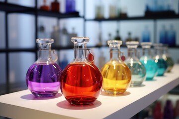 Poster - A row of different colored glass bottles neatly arranged on a shelf. Ideal for home decor, DIY projects, or as a display in a store.