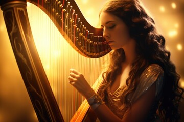 Poster - A woman gracefully plays a harp while dressed in an elegant gold gown. This image can be used to depict elegance, music, and beauty.