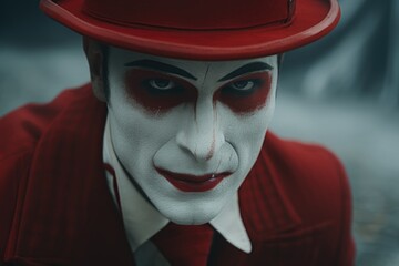 Canvas Print - A man wearing a vibrant red hat and white face paint. This versatile image can be used for various concepts and themes.