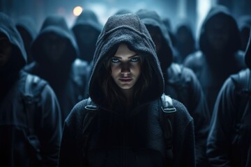 Aufkleber - A woman wearing a hoodie stands among a group of people also wearing hoodies. This image can be used to represent unity, belonging, or a sense of community.