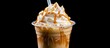 Caramel frappe with whipped cream and dressing in a plastic cup With copyspace for text