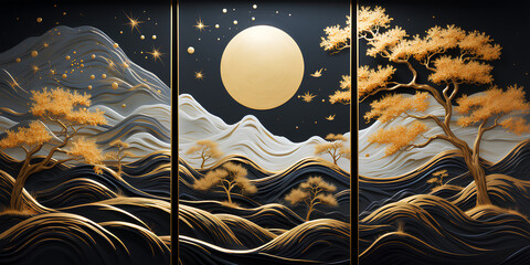 Set of three abstract creative landscape at night artwork. Mountains and golden trees at night. Modern canvas art with golden forest on on white mountains. Mural wallpaper landscape . 