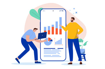 Fototapete - Working with business charts - Office people characters in front of mobile phone with rising graph smiling and analysing result. Flat design cartoon style vector illustration with white background