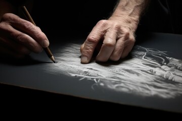 Aufkleber - A man is seen using a pencil to create a drawing. This image can be used for artistic and creative purposes.