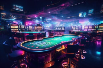Poster - A casino table illuminated by vibrant neon lights. Perfect for adding a touch of excitement and glamour to any project.