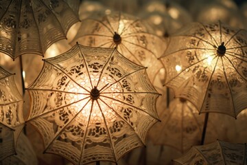 Poster - A bunch of umbrellas that are beautifully illuminated, creating a mesmerizing display of colors. Perfect for adding a vibrant touch to any event or venue.