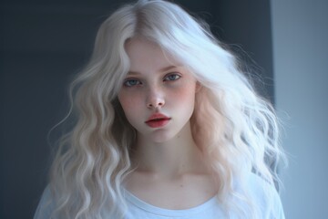 Poster - A woman with long blonde hair and striking blue eyes. This picture can be used for beauty and fashion-related projects.