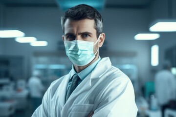 Poster - A professional man wearing a lab coat and a protective face mask. This image can be used to depict a scientist, doctor, researcher, or any professional working in a laboratory or medical setting. It a