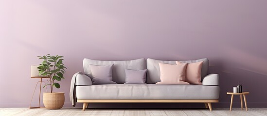 Sticker - Cozy apartment with a gray sofa in a white and violet living area With copyspace for text