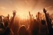 © Fotograf - A picture of a group of people raising their hands in the air. Perfect for illustrating unity, celebration, teamwork, or excitement. Ideal for websites, presentations, marketing materials, and social
