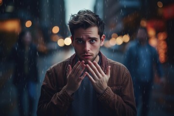 Poster - A man standing in the rain with his hands clasped. This image can be used to depict solitude, contemplation, or a sense of longing.