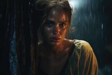 Aufkleber - A woman standing next to a tree in the rain. This image can be used to depict solitude, nature, or rainy weather.
