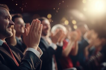 Aufkleber - A group of people dressed in formal suits and ties, enthusiastically applauding. This image can be used to depict success, achievement, teamwork, or a business event.