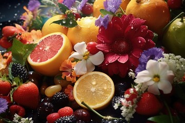 Wall Mural - A close-up photograph showcasing a plate filled with a variety of colorful fruits and vibrant flowers. This image would be perfect for food blogs, recipe websites, or as a decorative element for home 