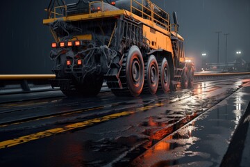 Aufkleber - A picture of a large truck driving down a wet road. This image can be used to depict transportation, rainy weather, or a delivery service.