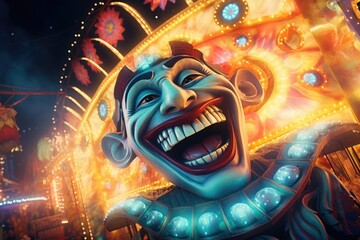 Canvas Print - A close-up view of a clown in a vibrant carnival setting. This image can be used to add a fun and playful touch to any project or design.