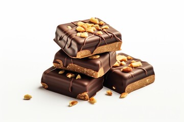 Poster - A stack of chocolate bars with nuts on top. This image can be used to depict a delicious treat or as a concept for indulgence and satisfaction.