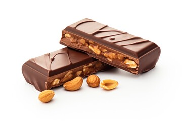 Poster - Two pieces of chocolate with nuts on a white surface. Can be used for food blogs, recipe websites, or advertisements.