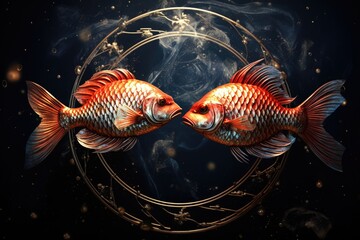 Wall Mural - Two goldfish facing each other in a circular frame. Perfect for aquarium or pet shop advertisements.