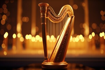 Poster - A golden harp sitting on top of a table. Perfect for music-related projects or adding an elegant touch to any design.