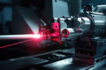 Poster - A red laser being used on a machine. Can be used to illustrate precision, technology, or industrial processes.