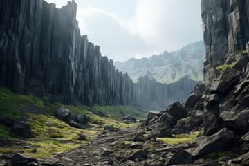 Poster - A scenic photograph of a rocky path winding through a breathtaking mountain landscape. Perfect for outdoor adventure websites, travel blogs, and nature-themed publications.