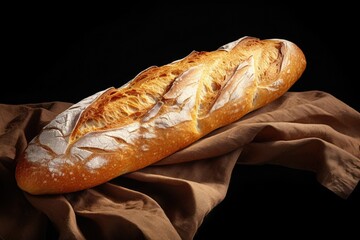 Poster - A simple photograph of a loaf of bread placed on top of a brown cloth. This image can be used to represent food, baking, or a rustic kitchen setting.