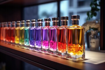 Poster - A row of different colored perfume bottles displayed on a shelf. Perfect for showcasing a variety of fragrances in a stylish and organized manner.