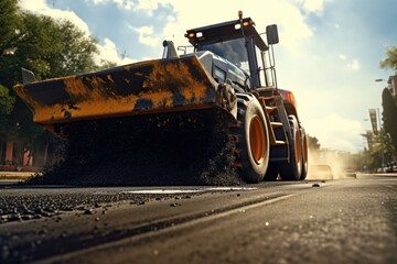 Poster - A large yellow bulldozer driving down a street. This image can be used to depict construction, urban development, or roadworks.