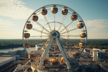 Poster - A large ferris wheel sits next to a body of water, creating a picturesque scene. This image can be used to capture the beauty of waterfront attractions and leisure activities.