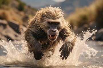 Poster - A picture capturing the moment of a monkey running through a body of water. Perfect for nature and wildlife enthusiasts. .