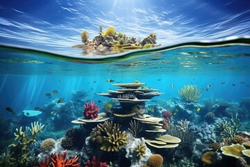 Wall Mural - A beautiful coral reef with a small island in the background. Perfect for marine and tropical-themed designs.